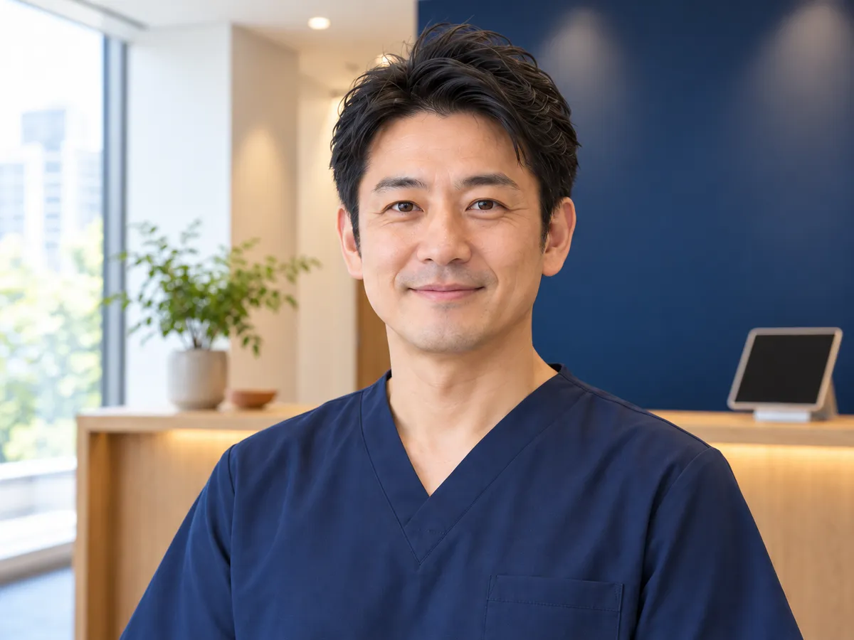 紺のユニフォームを着て微笑む院長