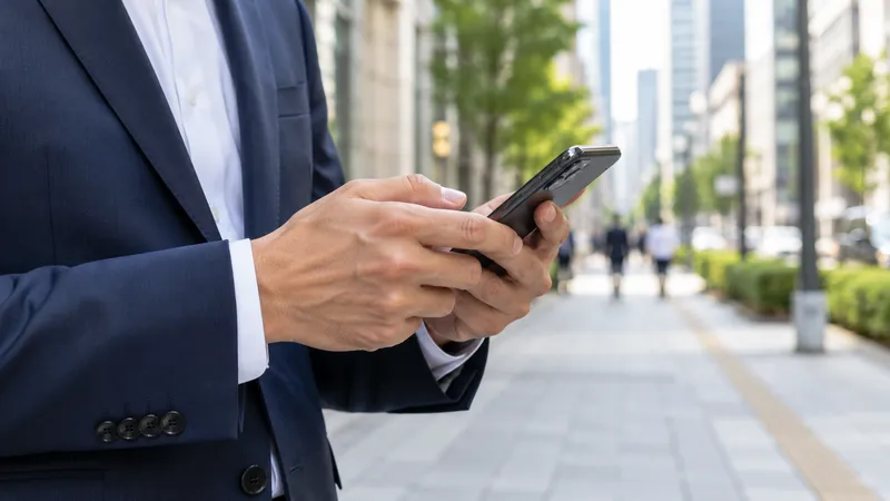 オフィス街でスマートフォンを操作するスーツ姿の男性の手元