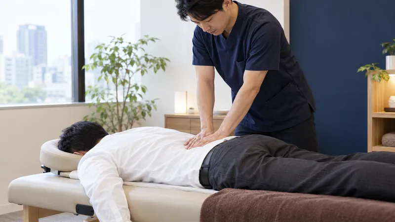 ワイシャツ姿のまま施術ベッドで腰をほぐしてもらう男性