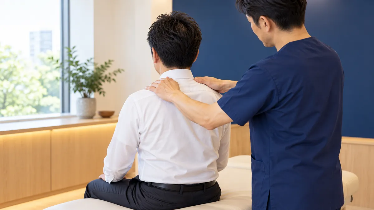 施術ベッドに座り肩をほぐしてもらう男性の後ろ姿