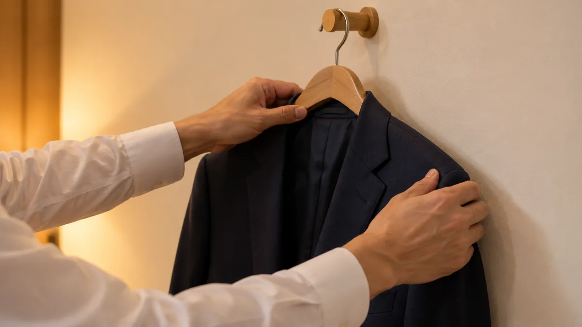壁のハンガーにスーツのジャケットを掛ける手元